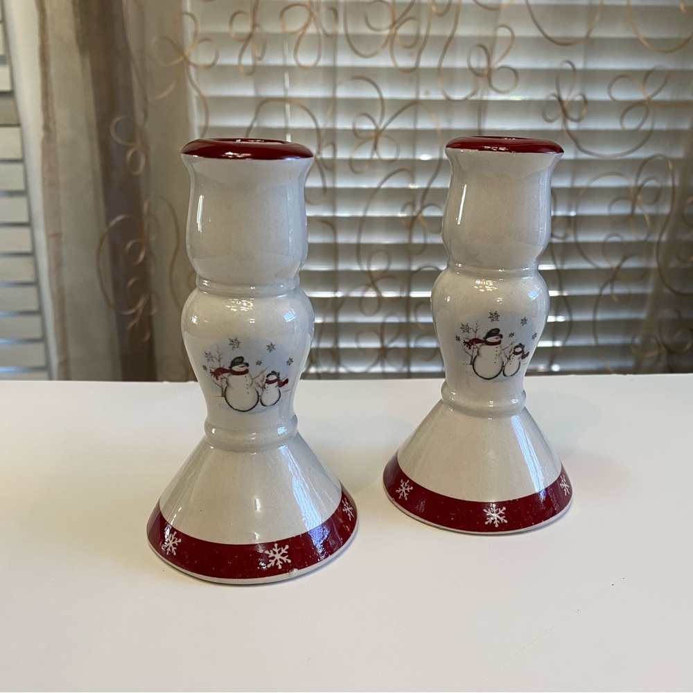 Royal Seasons Stoneware Snowman Christmas Candle Holders (Pair)